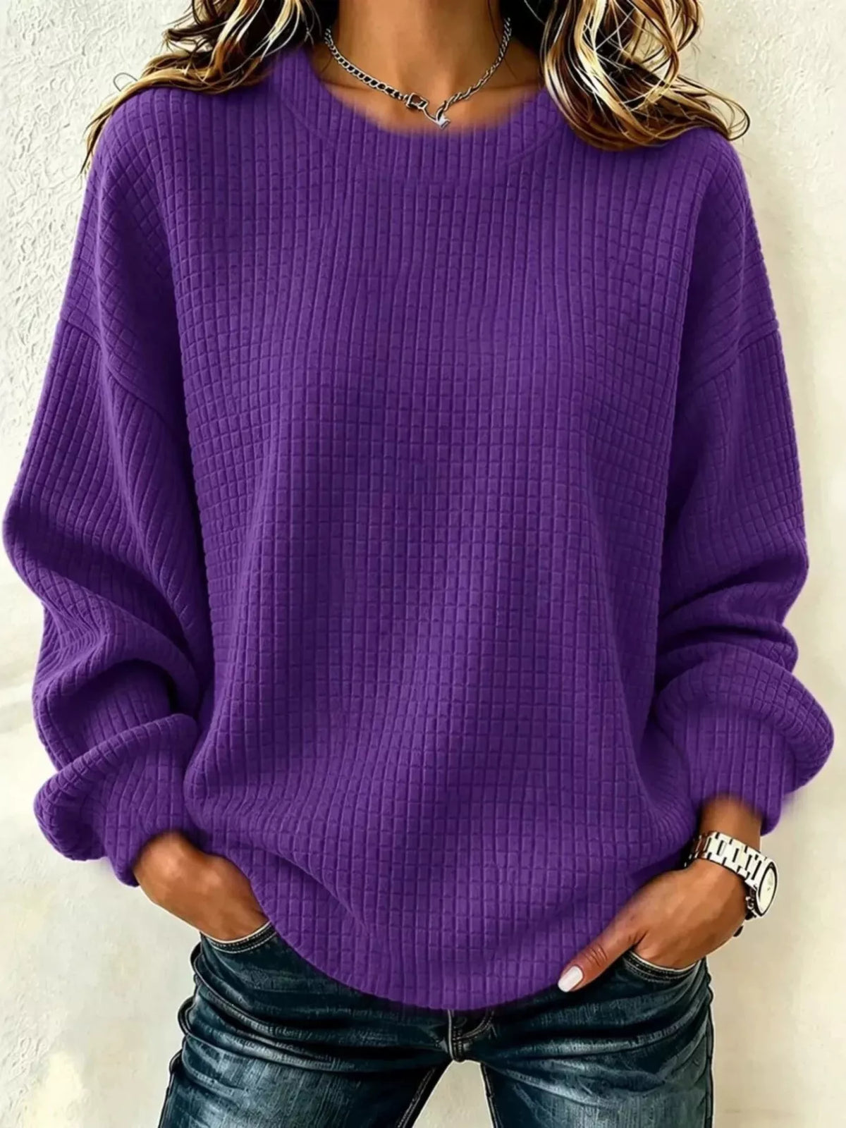 Waffelstrick Langarm Rundhals Sweatshirt in Übergrößen