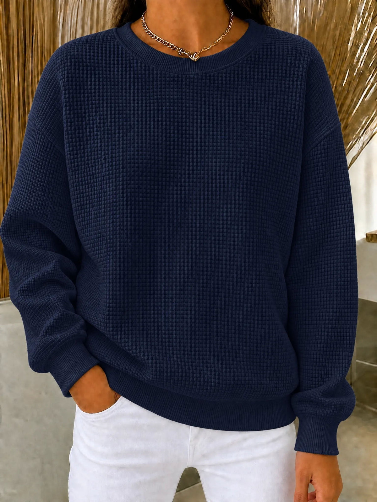 Damen Waffelstrick Rundhals Sweatshirt