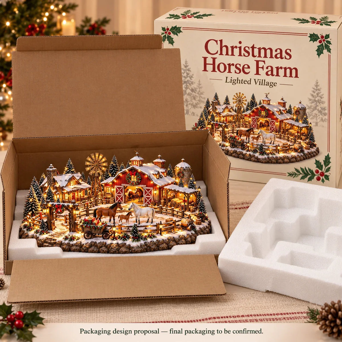 Weihnachtliches Pferdestall-Dorf – Beleuchtete Reitszene für die Feiertage
