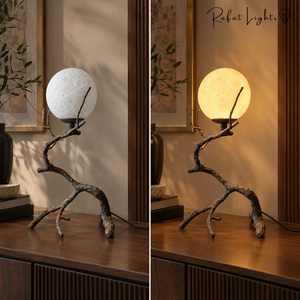 Rustikale Tischleuchte Mond mit Holzmaserung