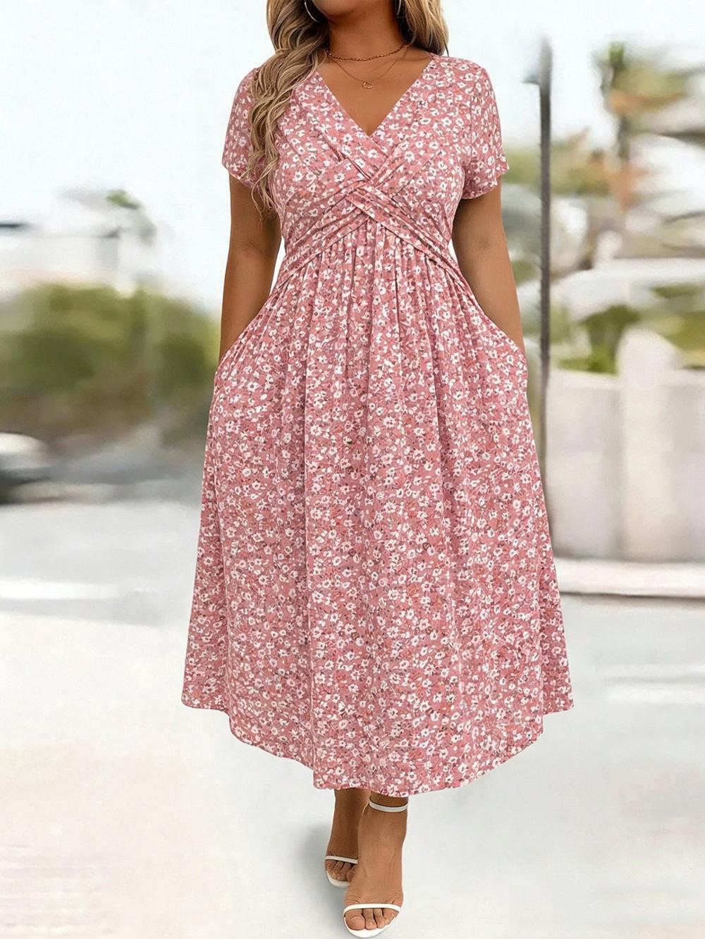 Damen V-Ausschnitt Blumendruck Kleid mit Taillendrehung