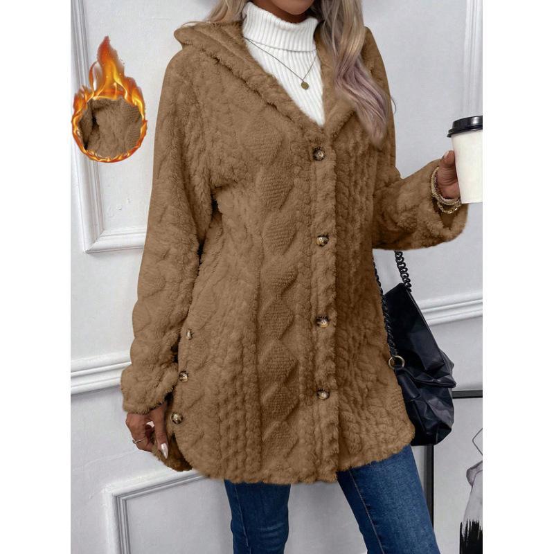 Damen Kapuzen Doppelseitige Fleece Strickjacke Langarm Lässig Warm Oberbekleidung