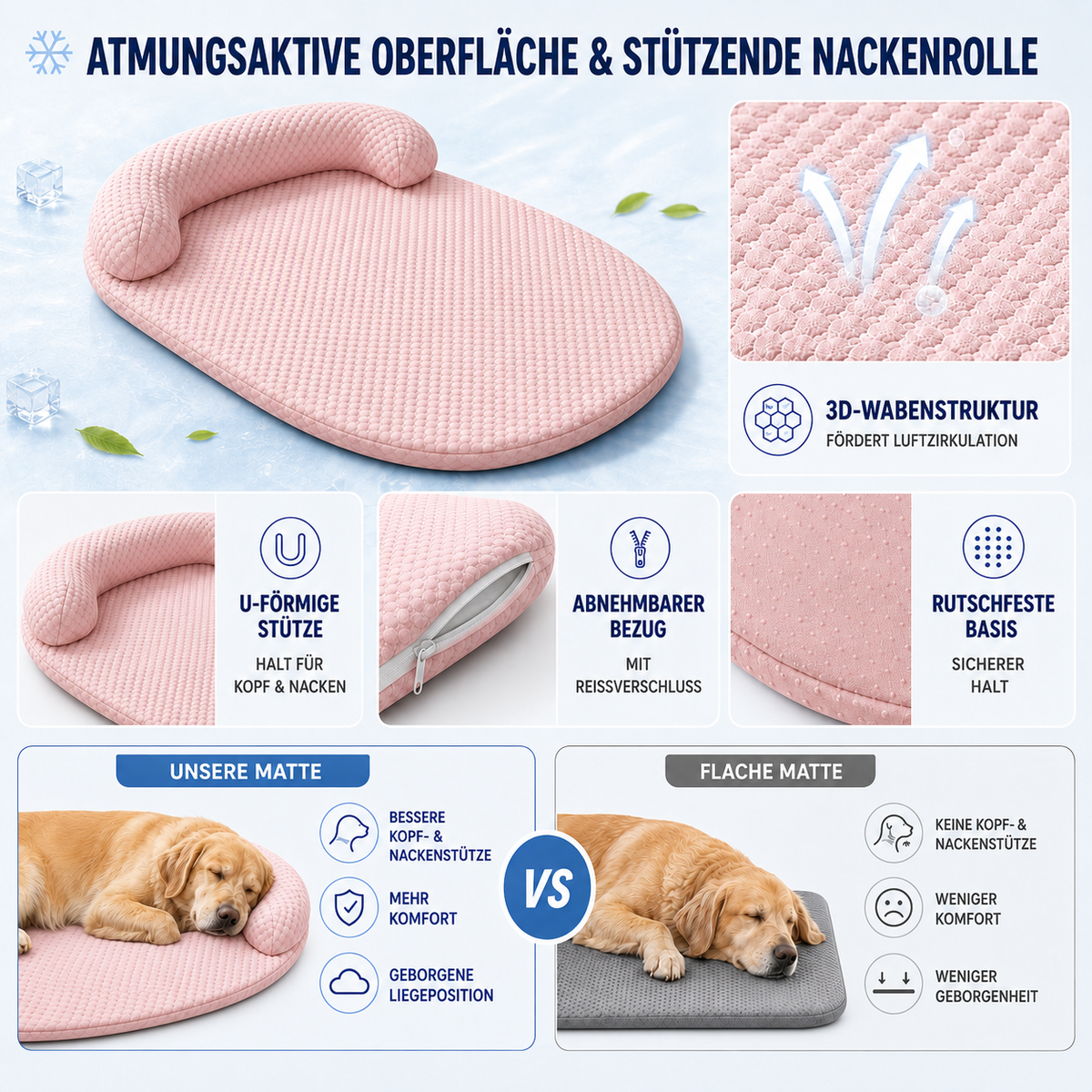 Camp Basel | Coolova Kühlendes Schaumstoff-Tierbett mit Nackenrolle