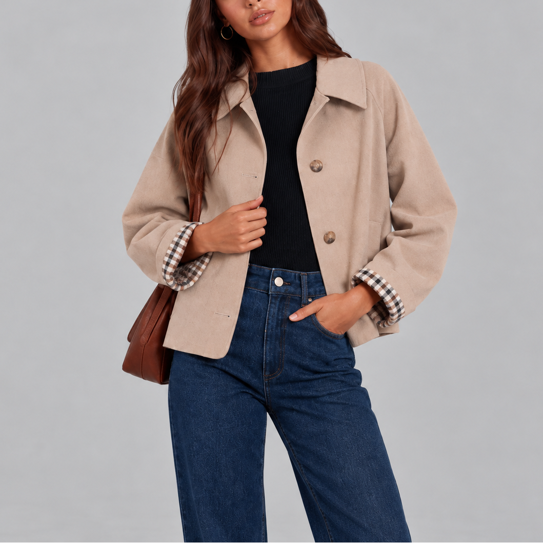 Verkürzte Trench-Jacke mit Karomuster-Futter