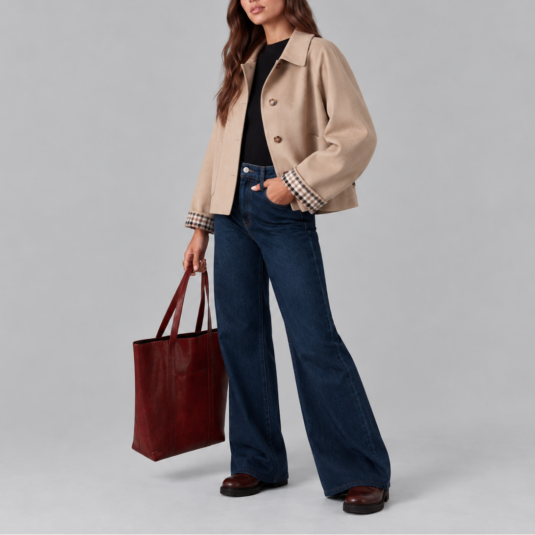 Verkürzte Trench-Jacke mit Karomuster-Futter