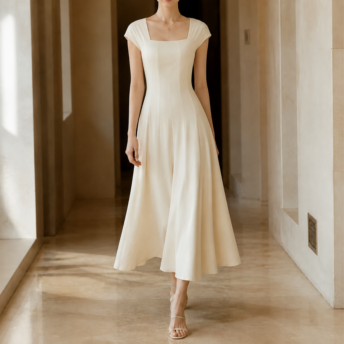 Quadratisches Ausschnitt A-Linien-Midikleid mit geformter Taille