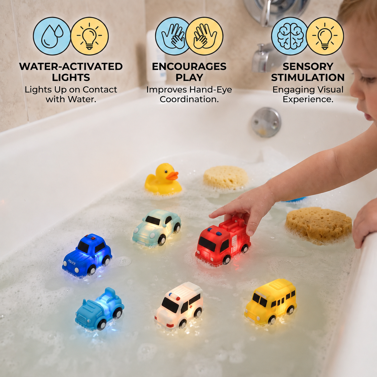 Leuchtendes Badespielzeug-Auto-Set – Wasseraktivierte Baby-Badespielzeuge