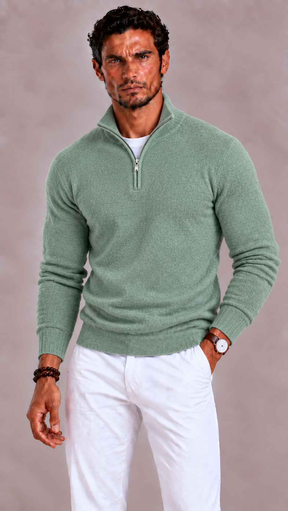 Herren Merino Wollpullover mit V-Ausschnitt und Reißverschluss