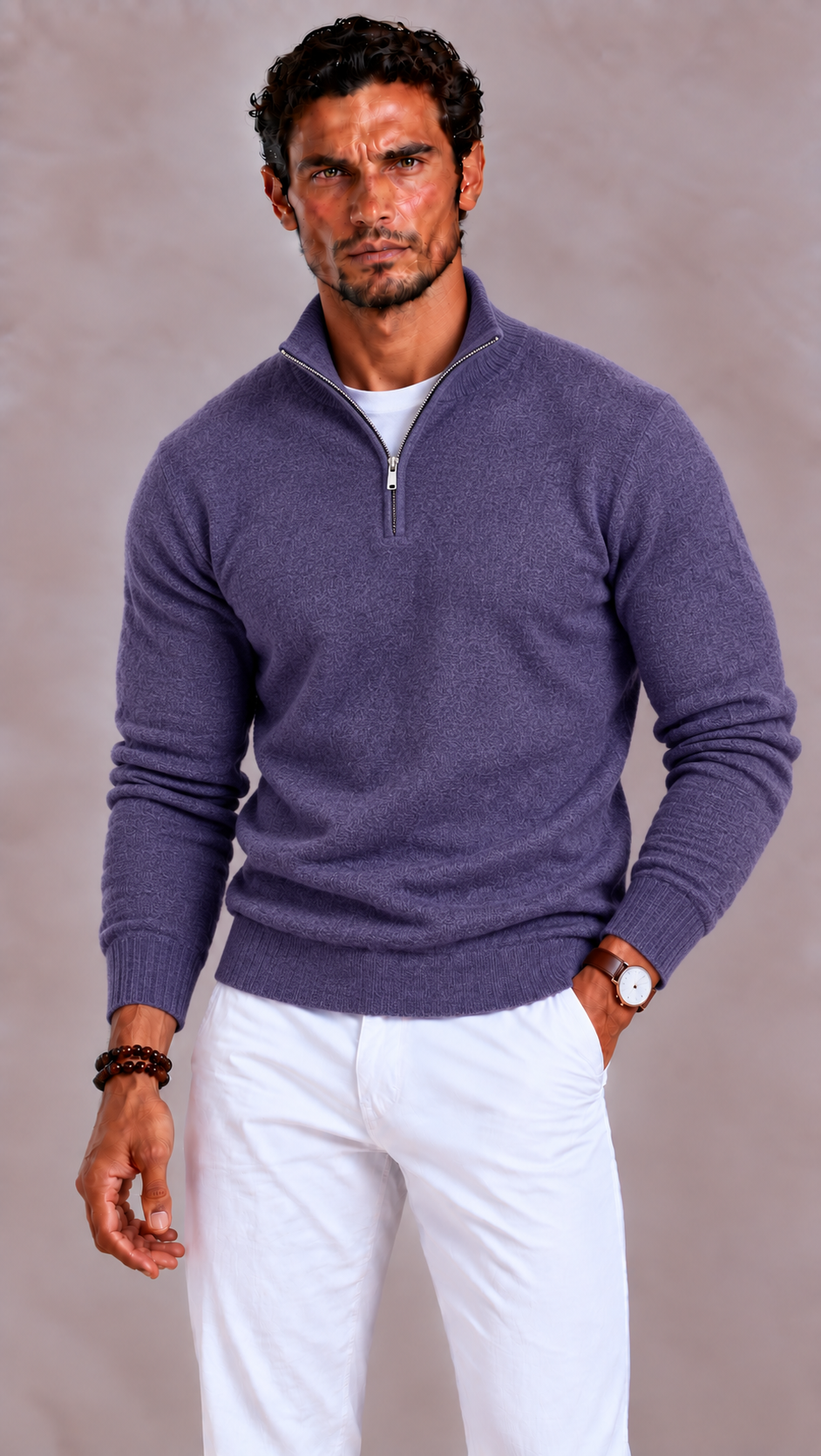 Herren Merino Wollpullover mit V-Ausschnitt und Reißverschluss