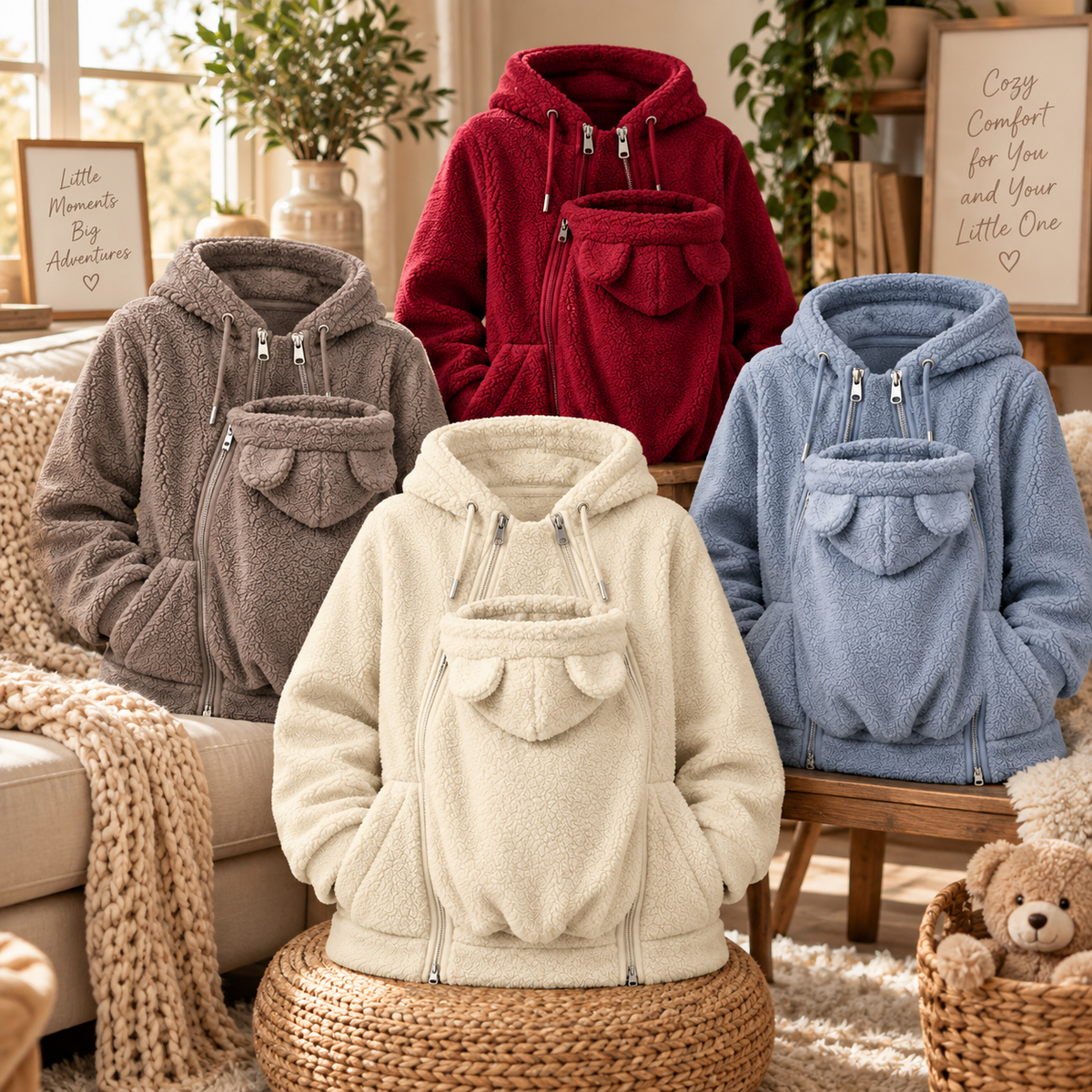 Plüsch Eltern-Kind-Hoodie mit gemütlicher Fronttasche für warme Ausflüge