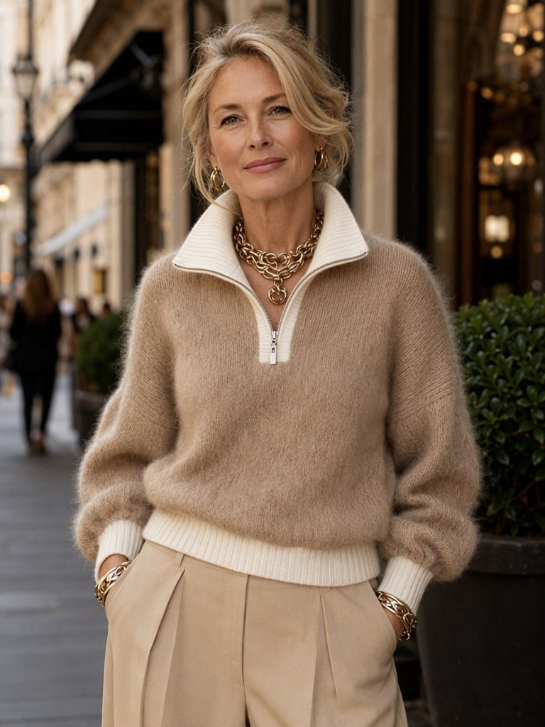Pullover mit Kontrastdesign, Viertelreißverschluss und Stehkragen