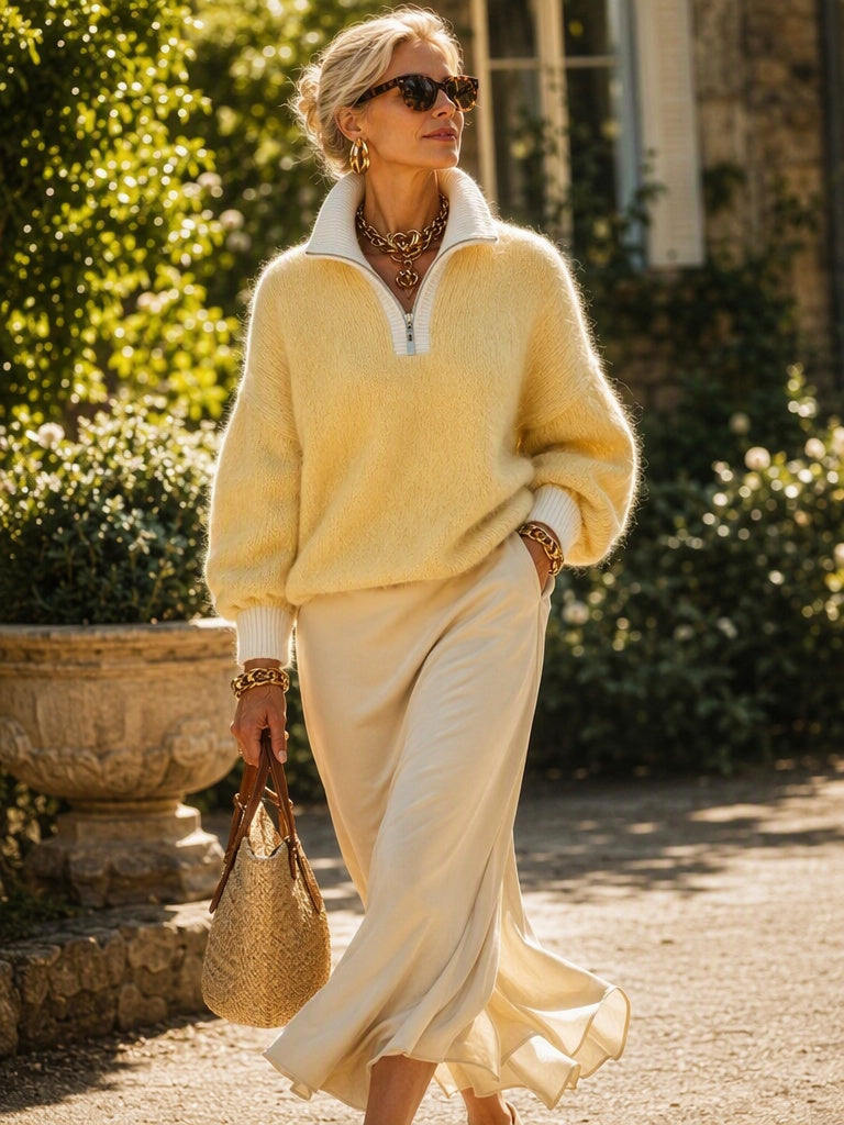 Pullover mit Kontrastdesign, Viertelreißverschluss und Stehkragen