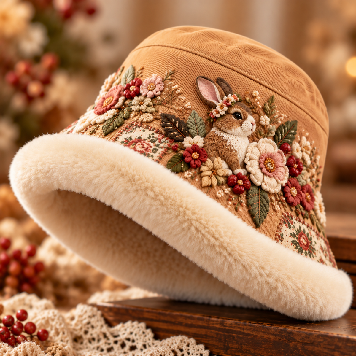 Kuschelig gefütterter Damen-Winter-Bucket-Hat mit Blumen- und Tiermotiven