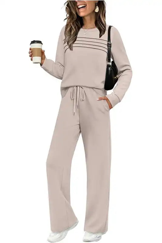 Damen Rundhals-Oberteil & Hose mit Kordelzug Set