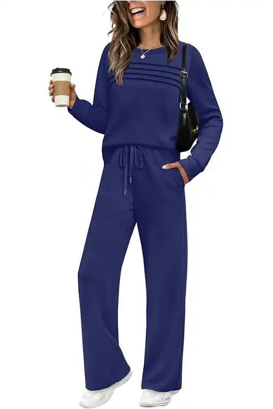 Damen Rundhals-Oberteil & Hose mit Kordelzug Set