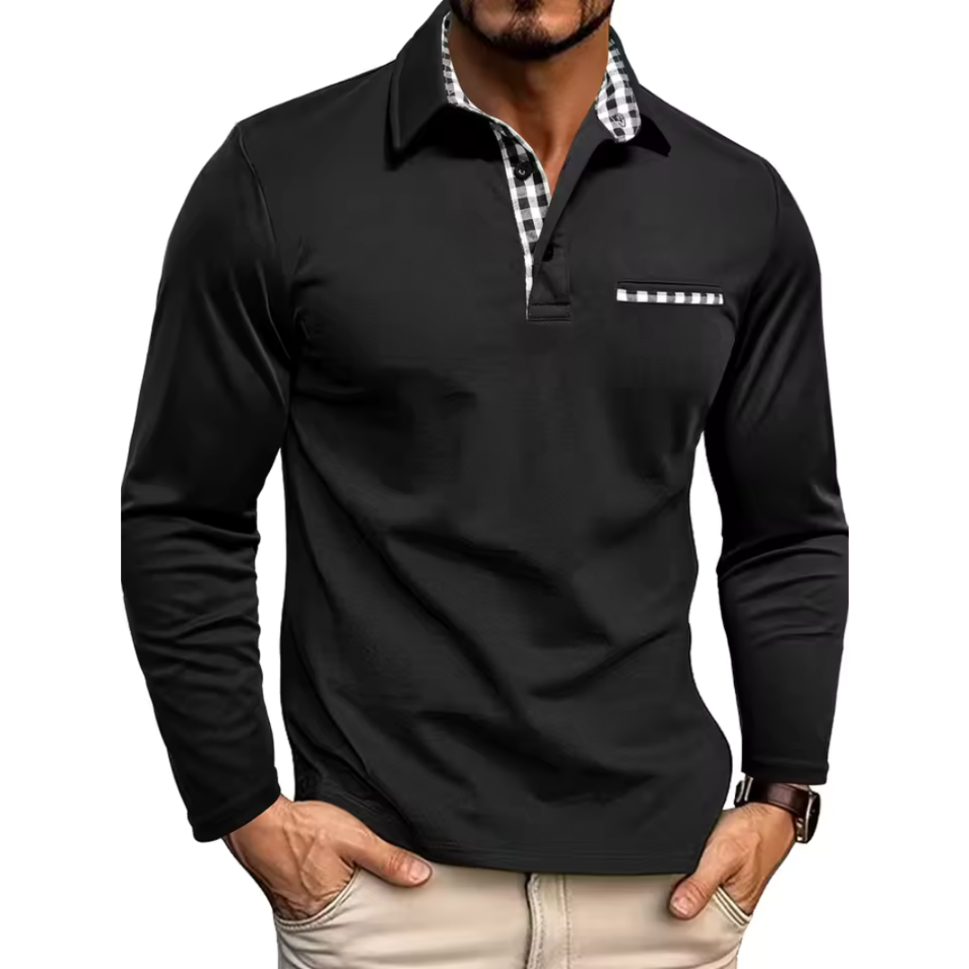 Langarm-Poloshirt mit Karo-Kontrastkragen