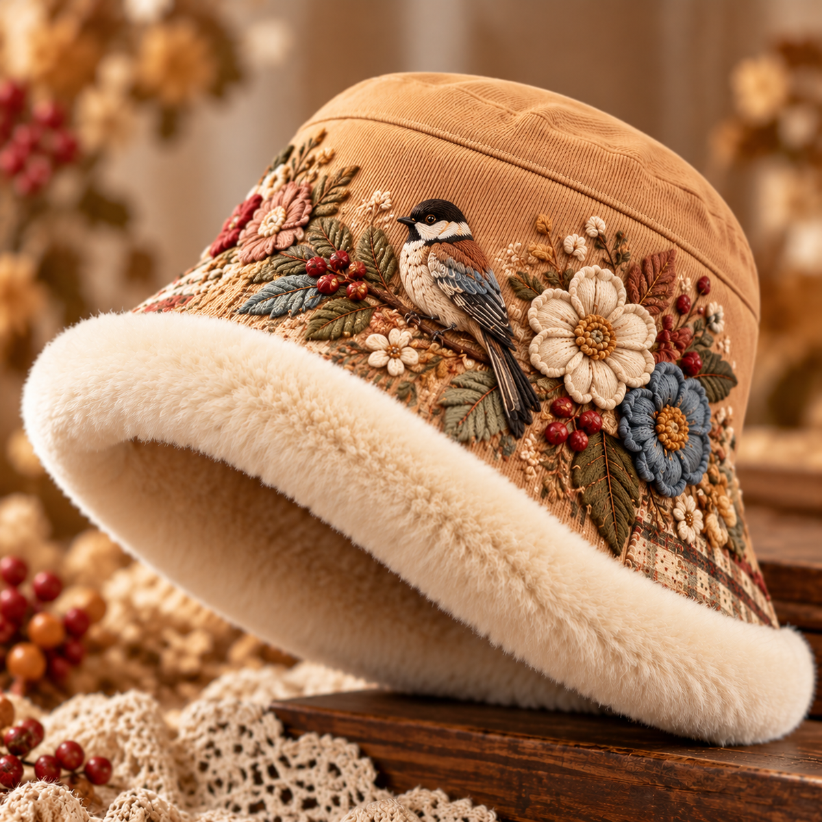 Kuschelig gefütterter Damen-Winter-Bucket-Hat mit Blumen- und Tiermotiven