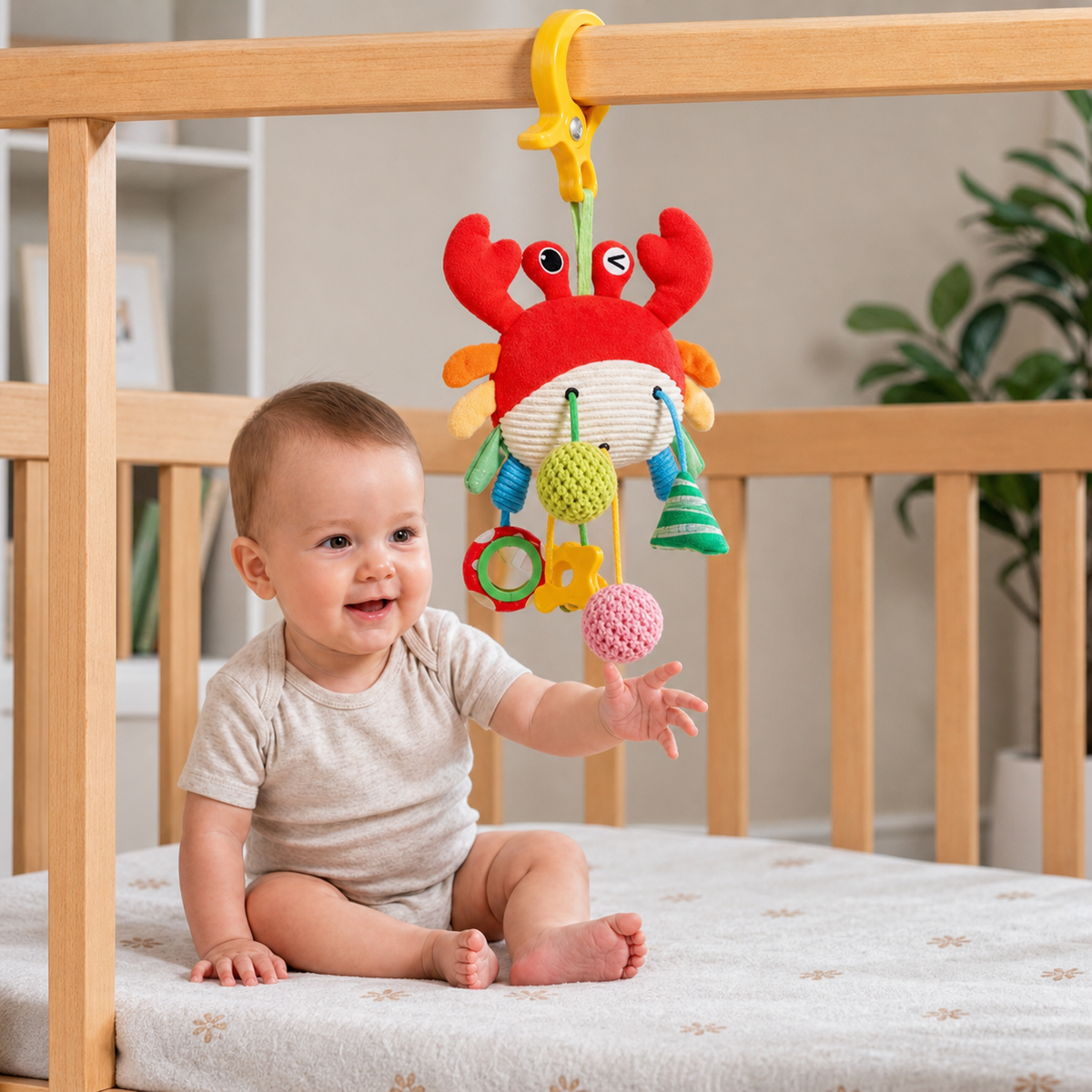 Krabbe Aktivitätsspielzeug mit Zugschnur, Rassel und Beißring für Babys
