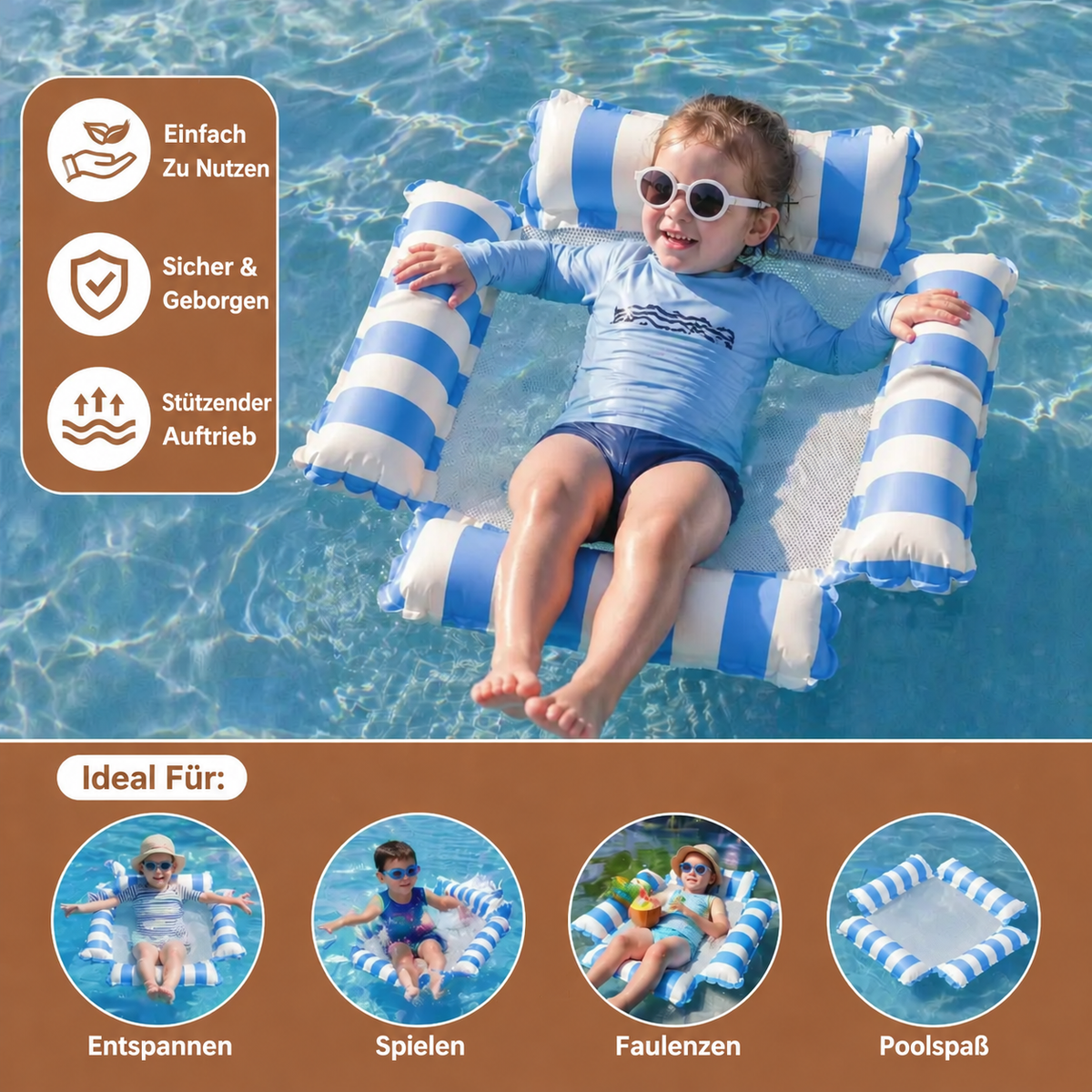 Camp Basel | Aufblasbarer Poolsitz für Kinder – Wasserhängematte mit Netzoberfläche