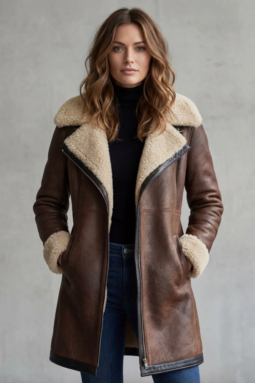 Eleganter Damen-Ledermantel mit Lammfellfutter