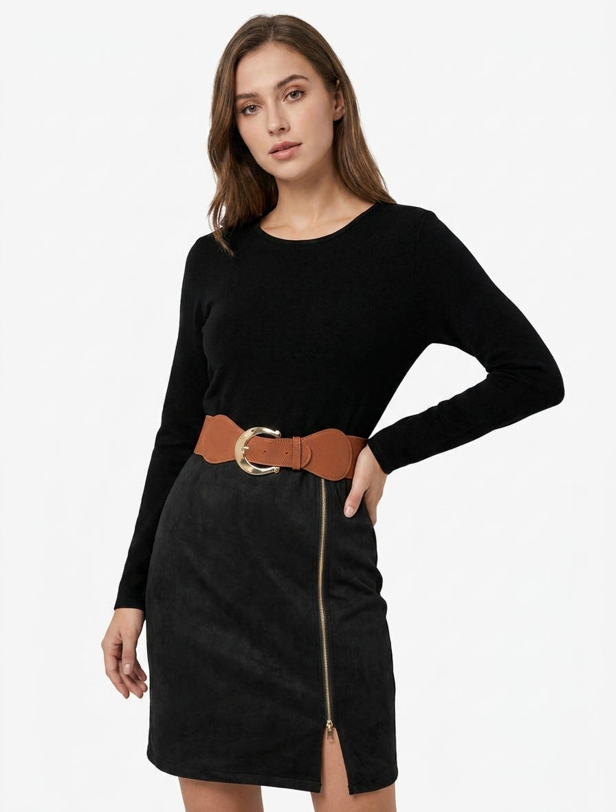 Gerades zweifarbiges Kleid mit Gürtel