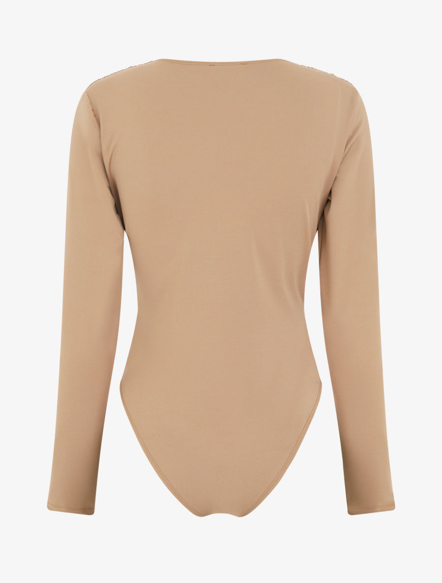 Body mit Wickelausschnitt und plissierter Taille - Helles Kamel