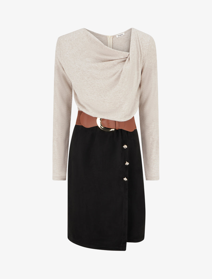Kleid aus Materialmix mit Wasserfallkragen