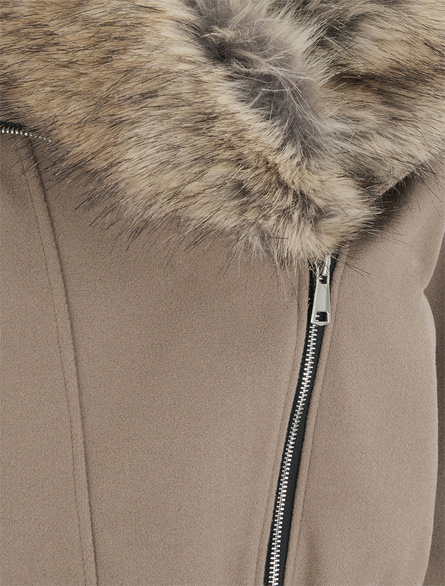 Gerade geschnittene Perfecto-Jacke mit abnehmbarem Kunstfell - Taupe