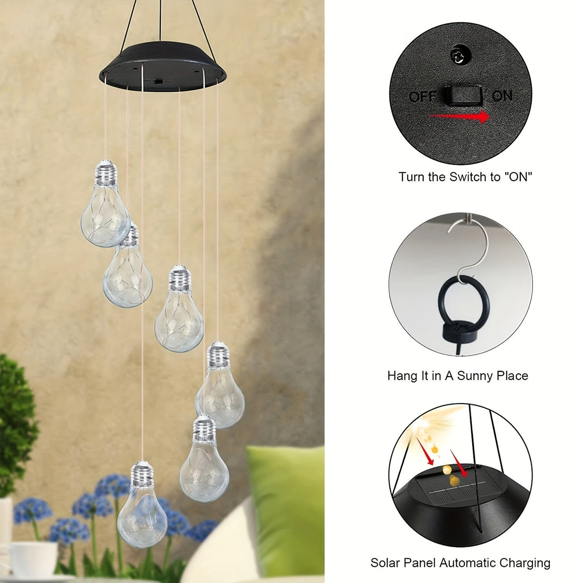 Solar-Glühbirnen-Windspiel mit farbwechselnden LEDs, 55 cm