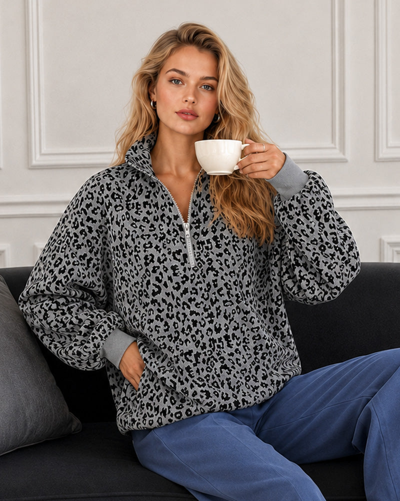 Leoparden-Print Oversized Pullover mit halbem Reißverschluss