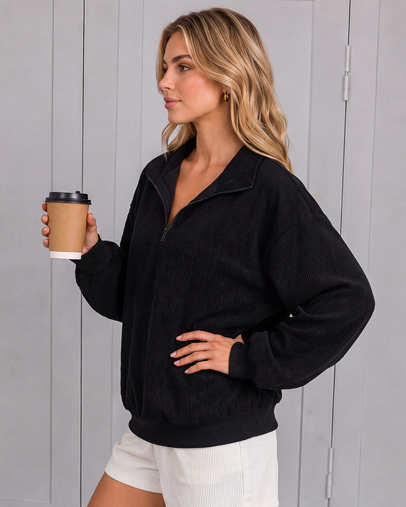 Leoparden-Print Oversized Pullover mit halbem Reißverschluss