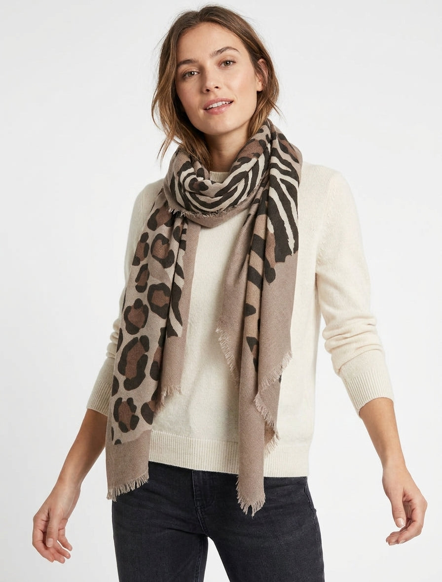 Schal mit Zebra- und Leopardenmuster - Beige