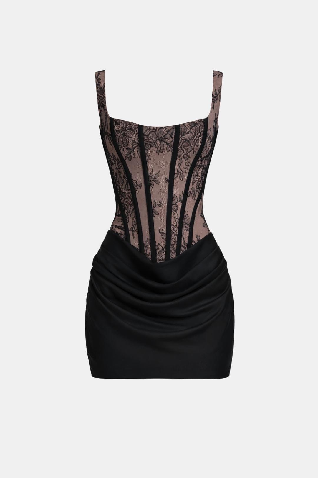 Mini-Kleid mit versteiftem Mieder, quadratischem Ausschnitt, drapiertem Rock und Schnürung am Rücken