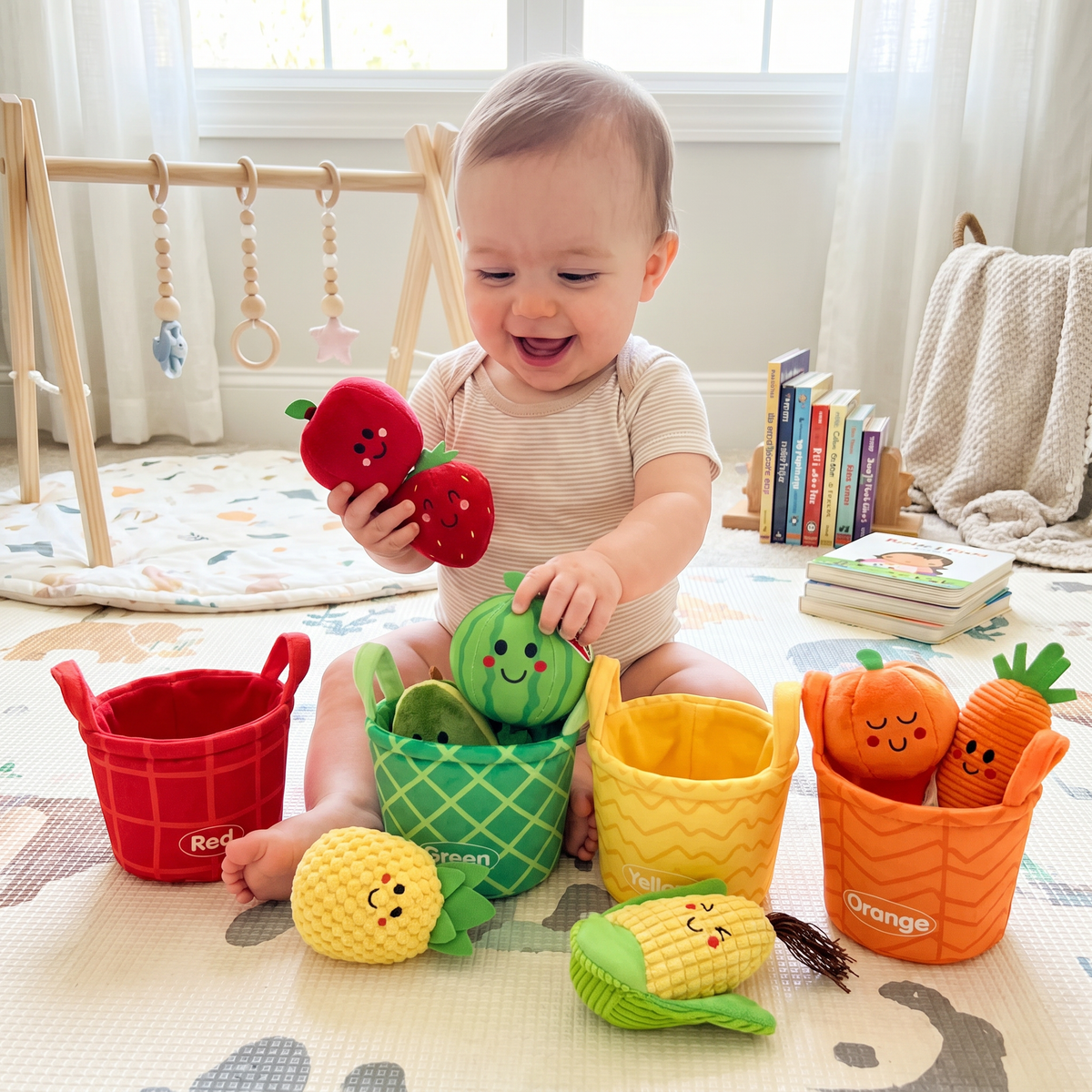 Weiches Obst- und Gemüse-Lernspielzeug für Babys – 4er-Pack Farb-Sortier-Set mit Rassel und Knistereffekt