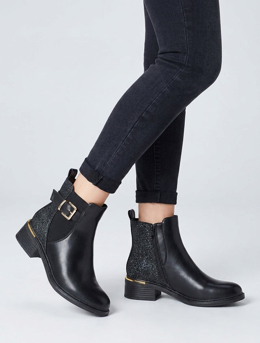 Stiefeletten mit Blockabsatz und irisierendem Detail