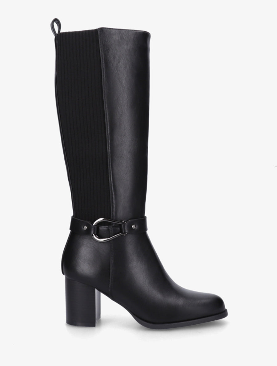 Stiefel mit Blockabsatz aus zwei Materialien - Schwarz