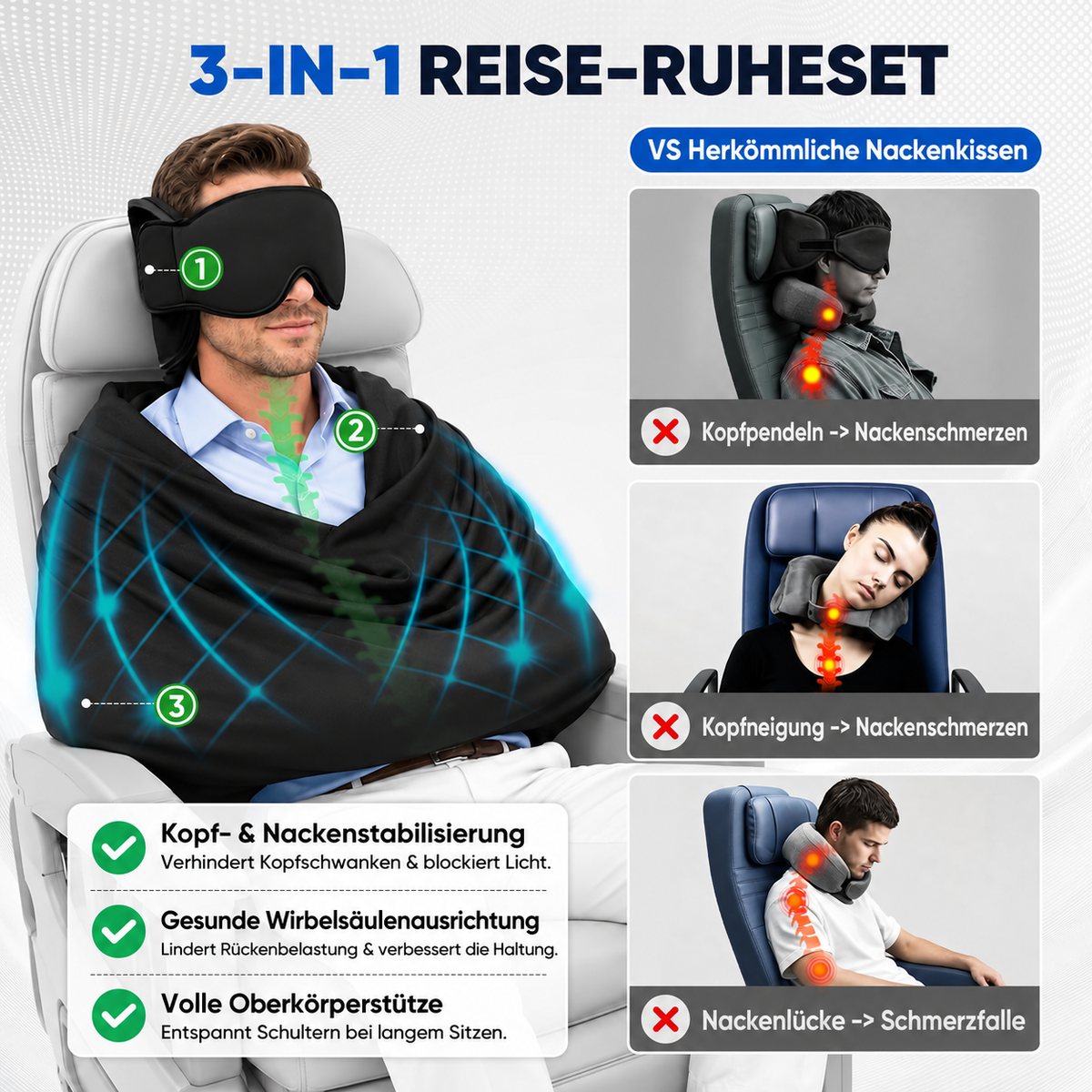 Camp Basel | 3-in-1 Flugzeug-Schlafstützsystem - Handgepäck-freundliches Reisebettwäsche-Zubehör-Set