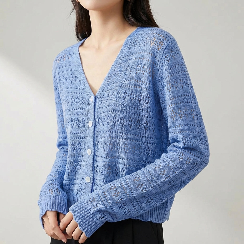 Strickjacke mit Lochmuster V-Ausschnitt verkürzt Langarm