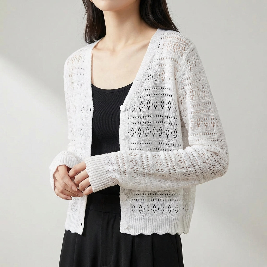 Strickjacke mit Lochmuster V-Ausschnitt verkürzt Langarm