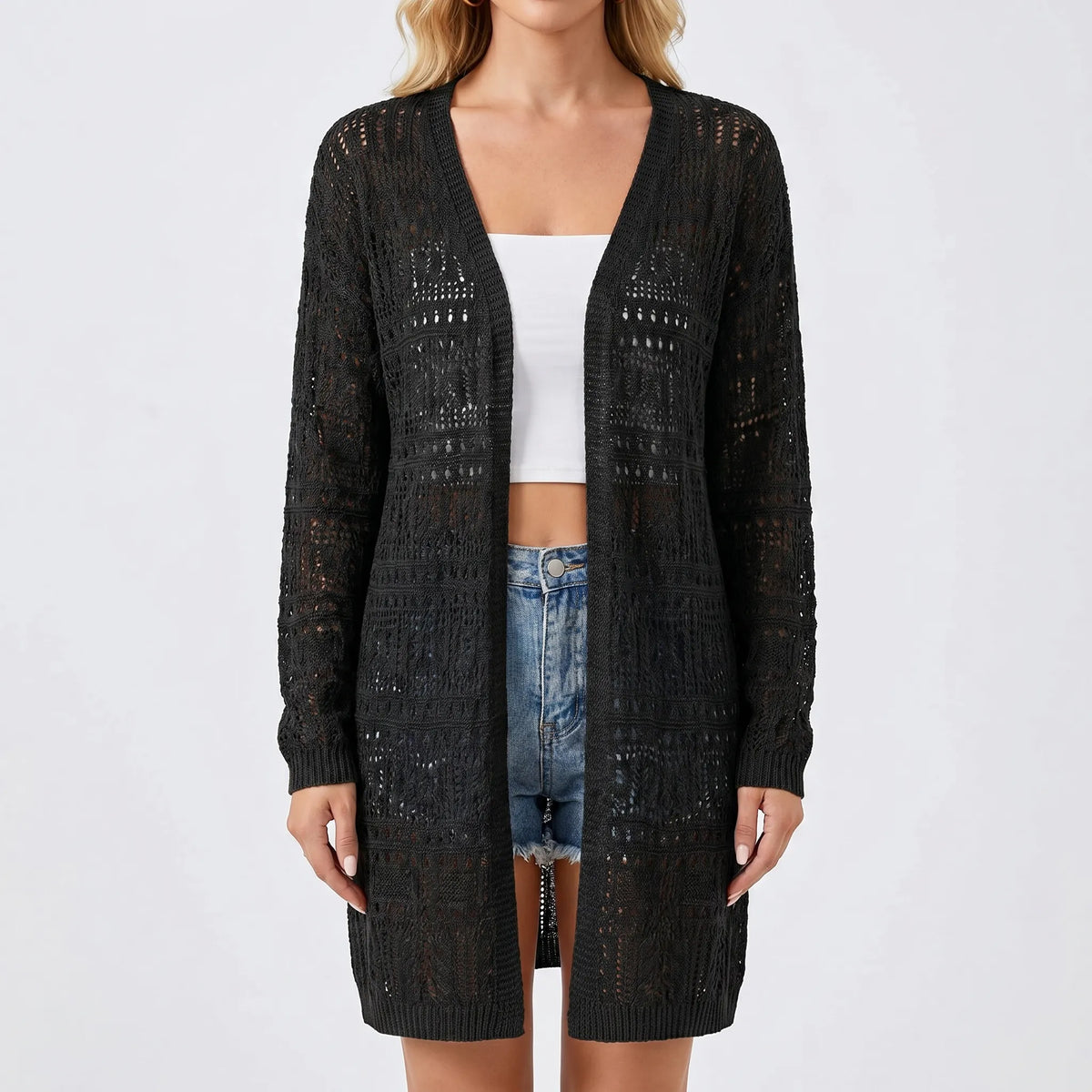 Strickjacke Damen offenes Muster mittellang lockerer Schnitt