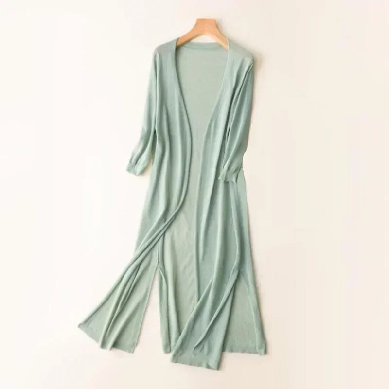 Longline-Strickjacke Damen atmungsaktiv leichter Feinstrick offene Front