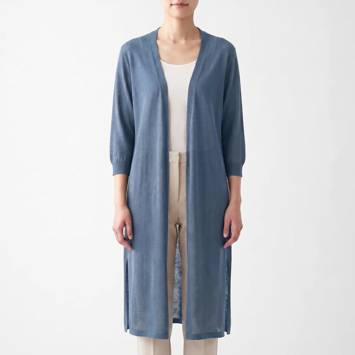 Longline-Strickjacke Damen atmungsaktiv leichter Feinstrick offene Front