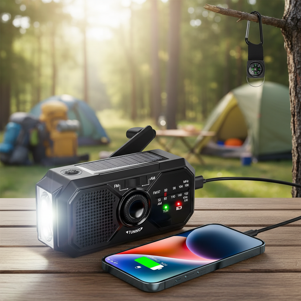 Tragbares Notfallradio mit Solarladung und Handkurbel