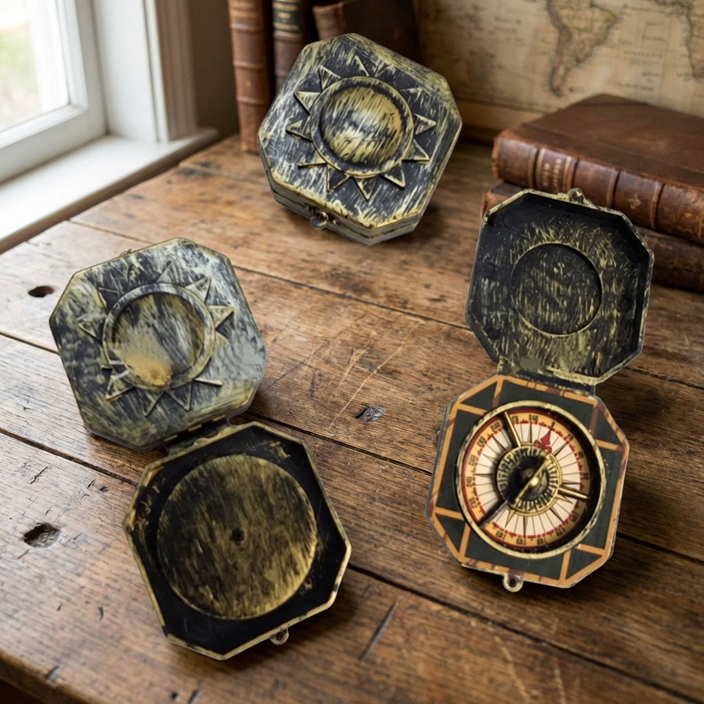 Achteckiger Vintage-Taschenkompass mit geprägtem Deckel