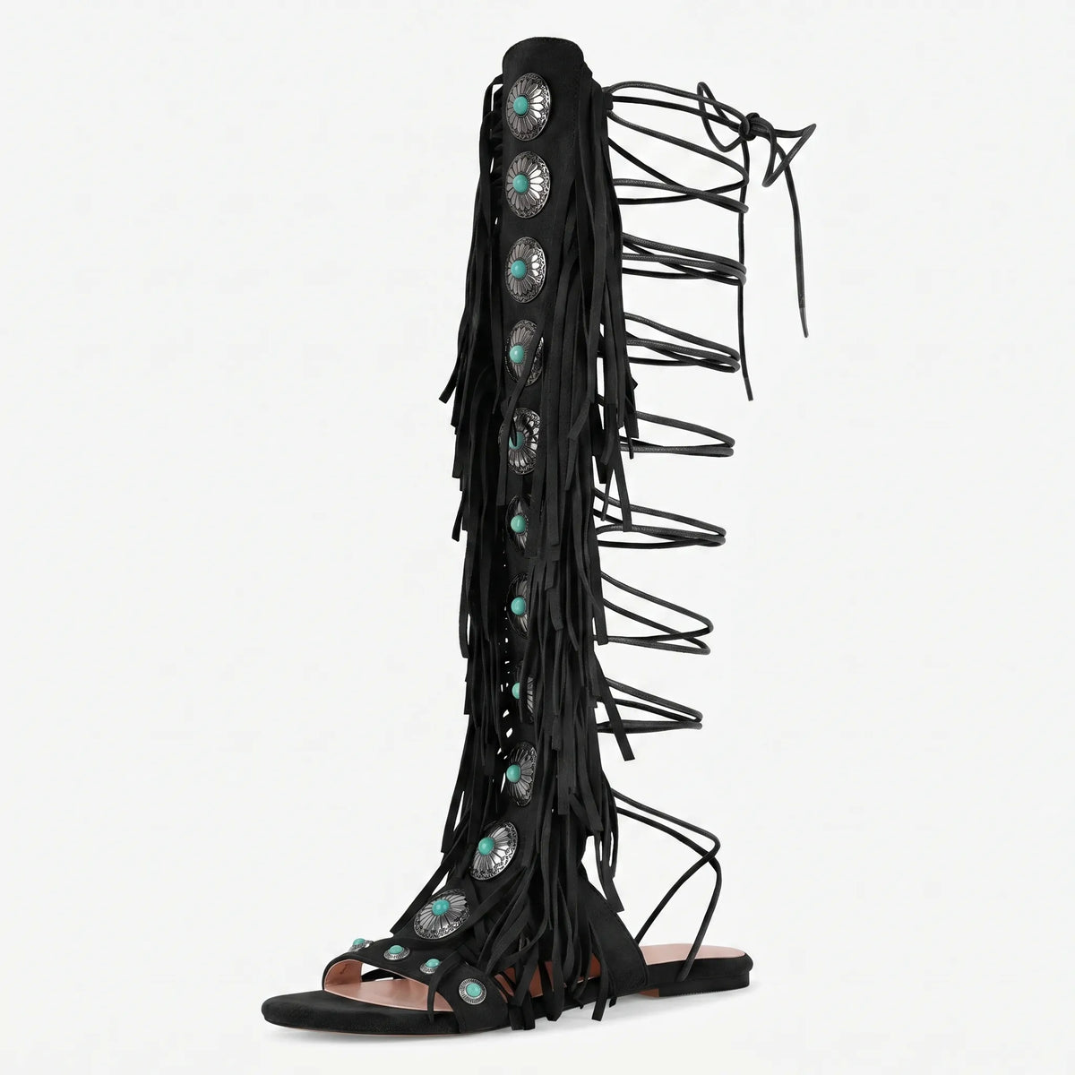 Knöckelhohe Fransen-Sandalen Gladiator-Form mit metallischen Details