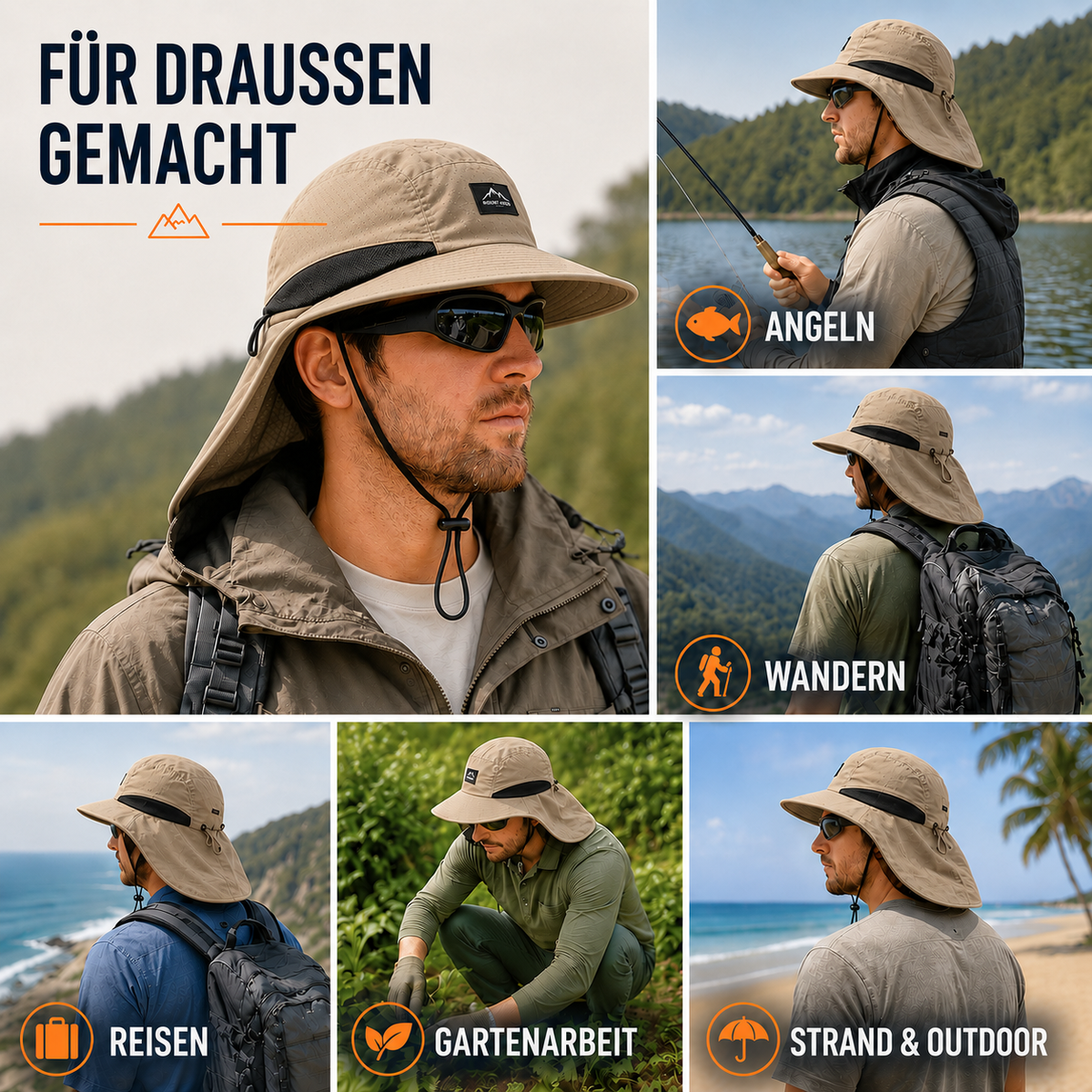 Camp Basel | Reisbrim Packbarer Reise-Sonnenhut mit Nackenschutz | UPF 50+
