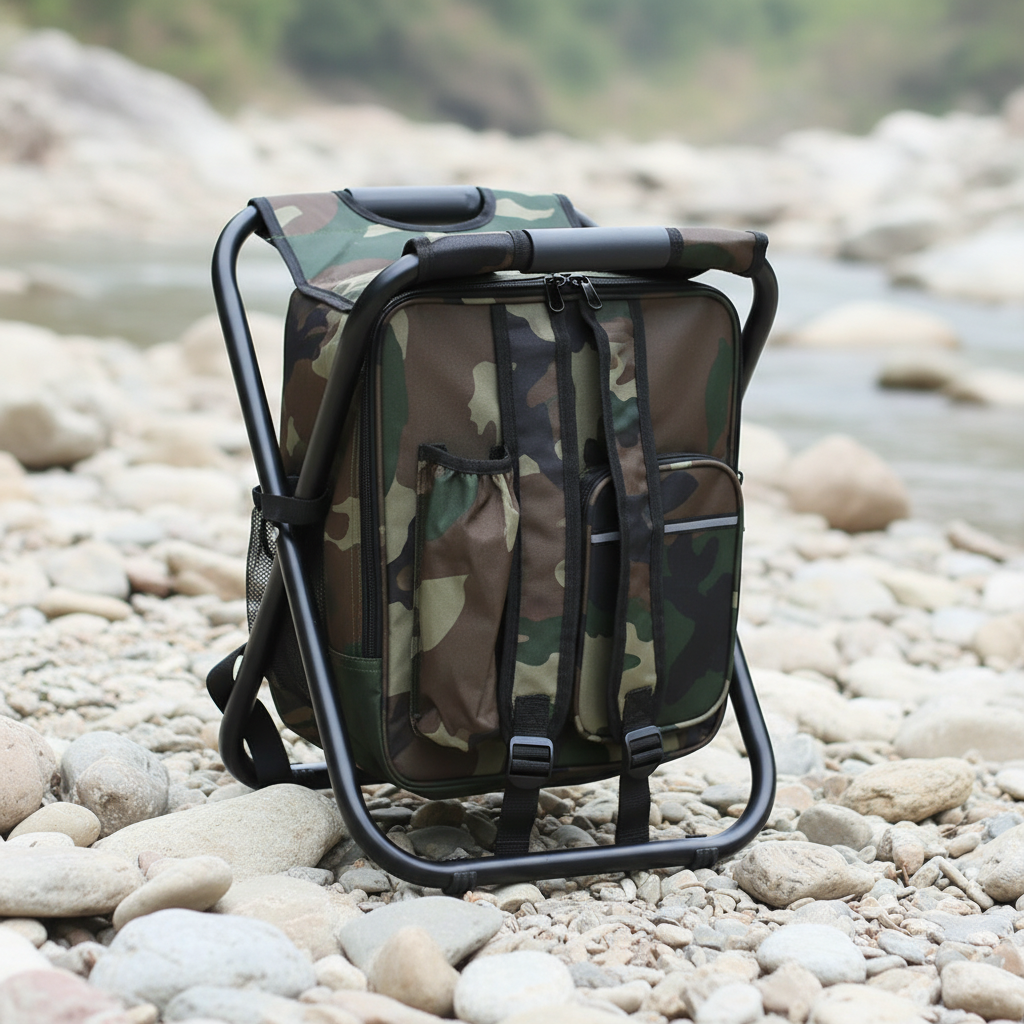 Faltbarer Rucksack-Kühlhocker mit isoliertem Fach und stabilen Beinen