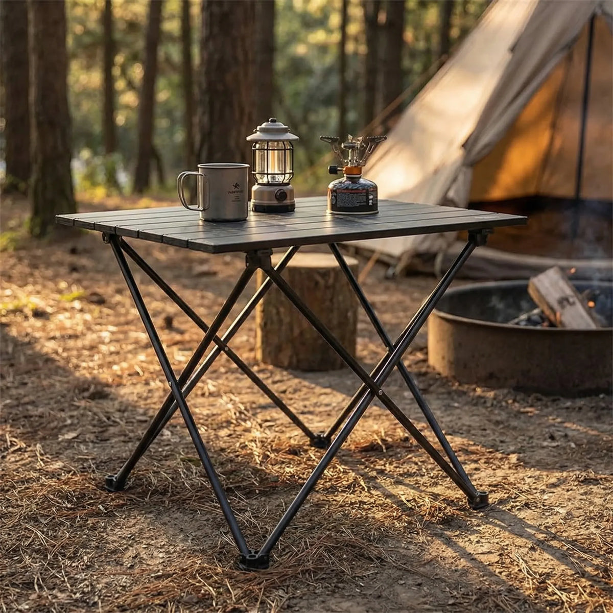 Leichter Campingtisch faltbar mit Lamellenfläche und Tragetasche