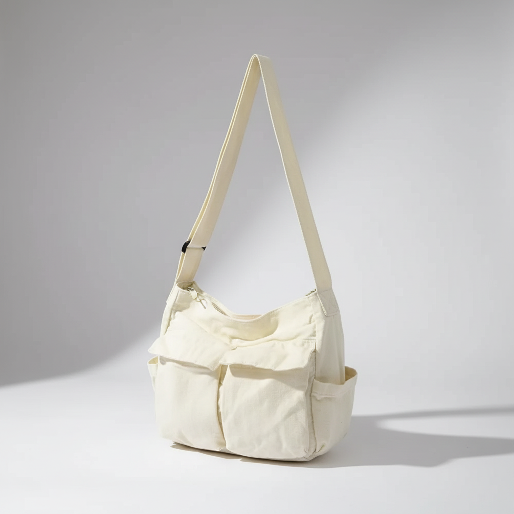 Canvas-Schultertasche mit verstellbarem Gurt und Aussenfächern