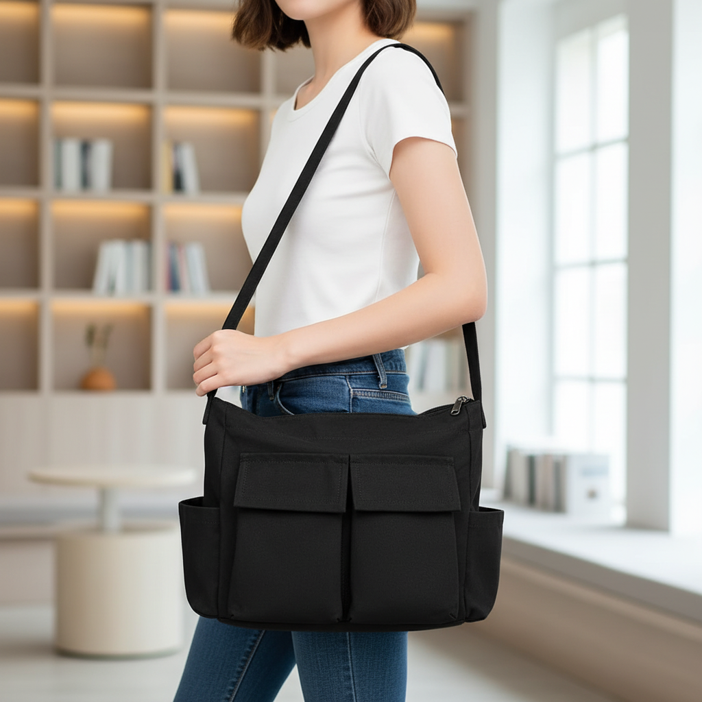 Canvas-Schultertasche mit verstellbarem Gurt und Aussenfächern
